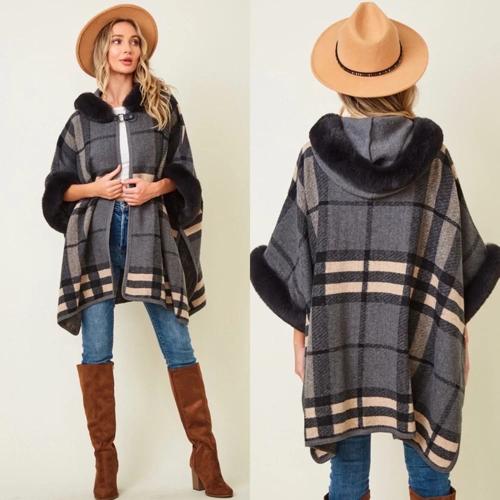 Gray & Cream Brushed Plaid Faux Fur Hooded Poncho
